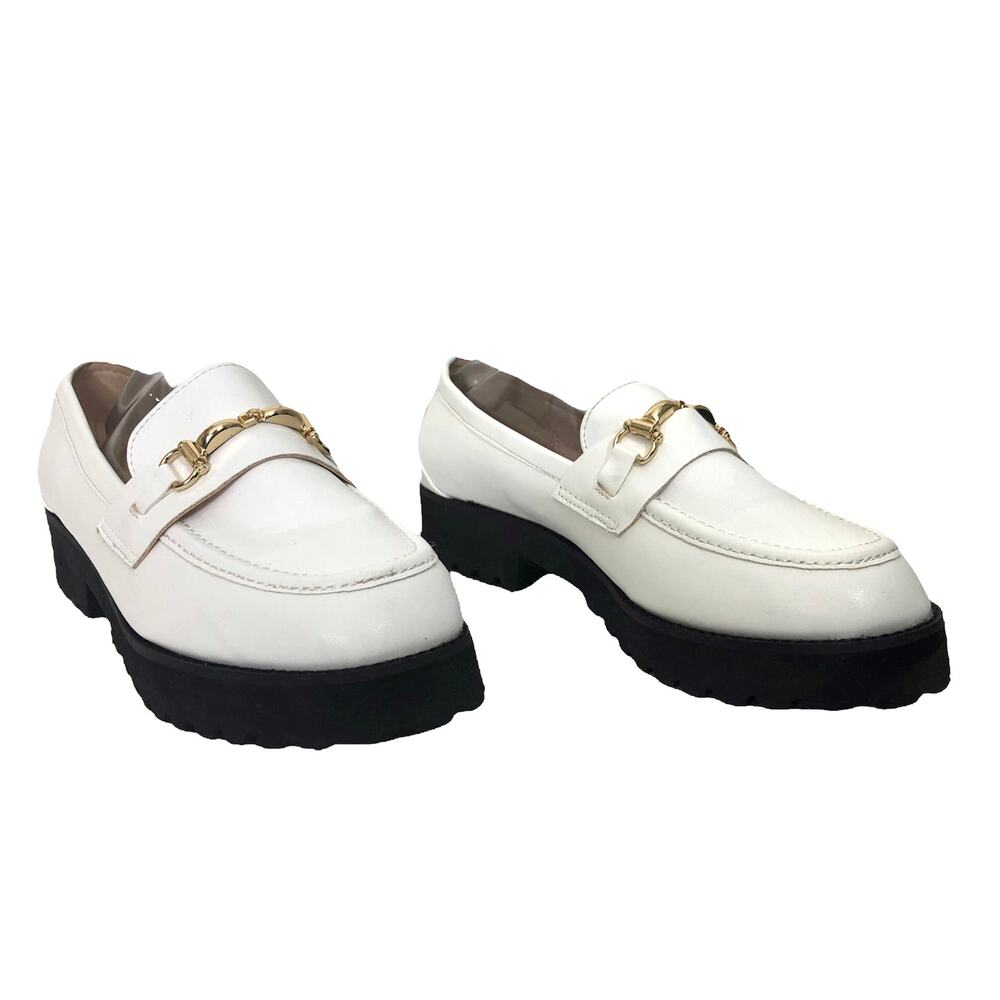Raid shoe empire chunky white loafer gold bit accent black lug 6 wide fit